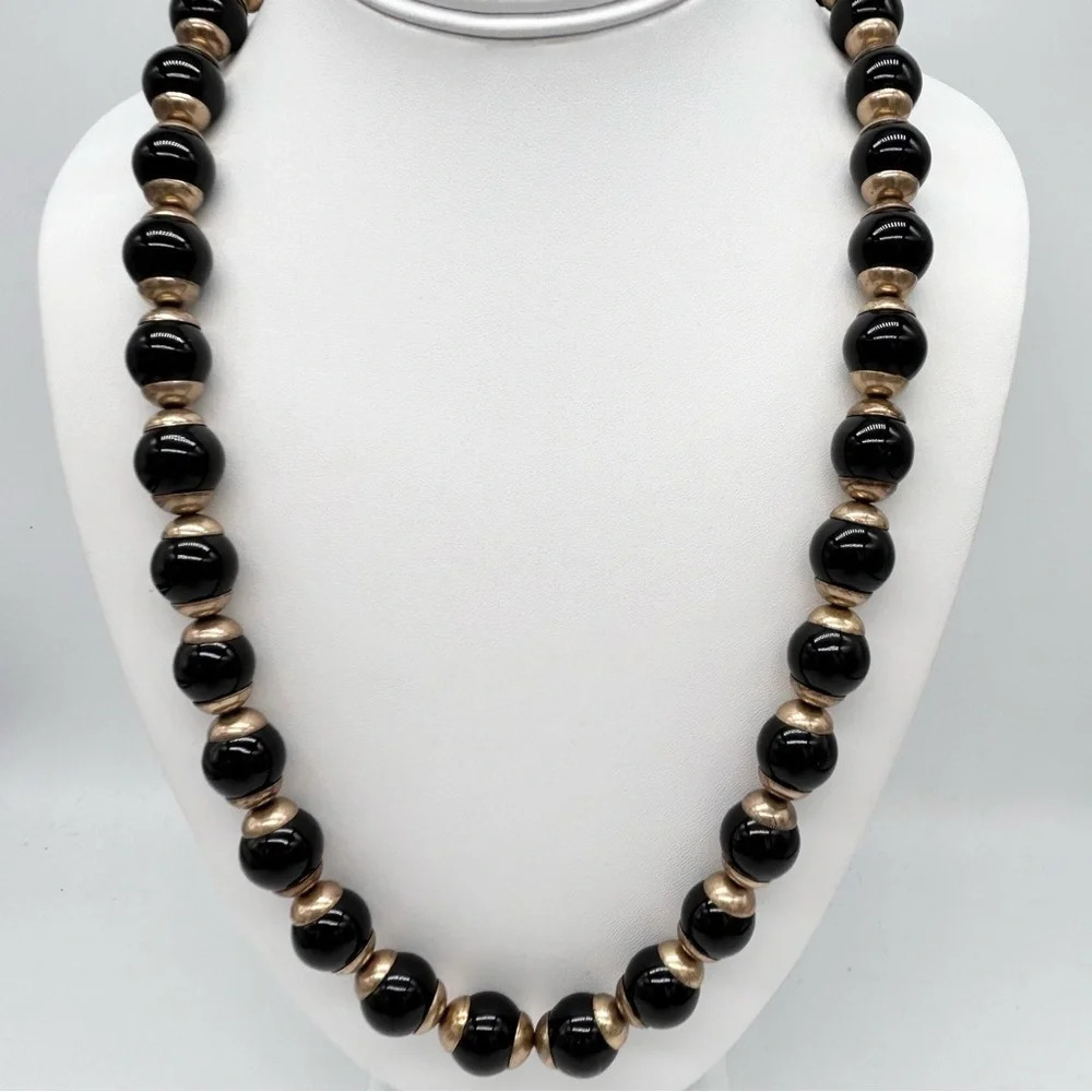 J. Crew Black and Gold Beaded Ribbon Tie Necklace